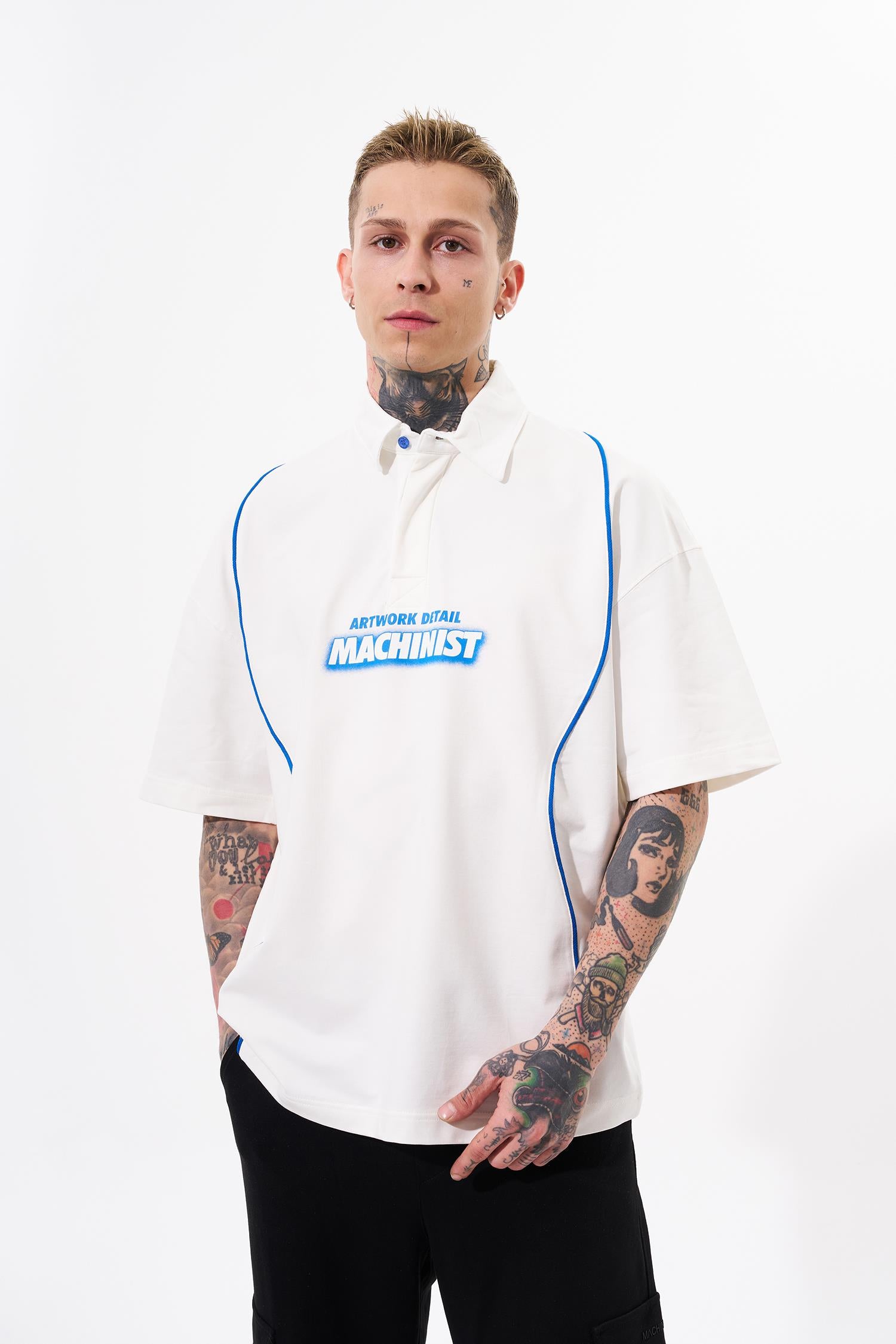 Erkek Contrast Piping Baskılı Oversize Polo Yaka Tişört Ekru