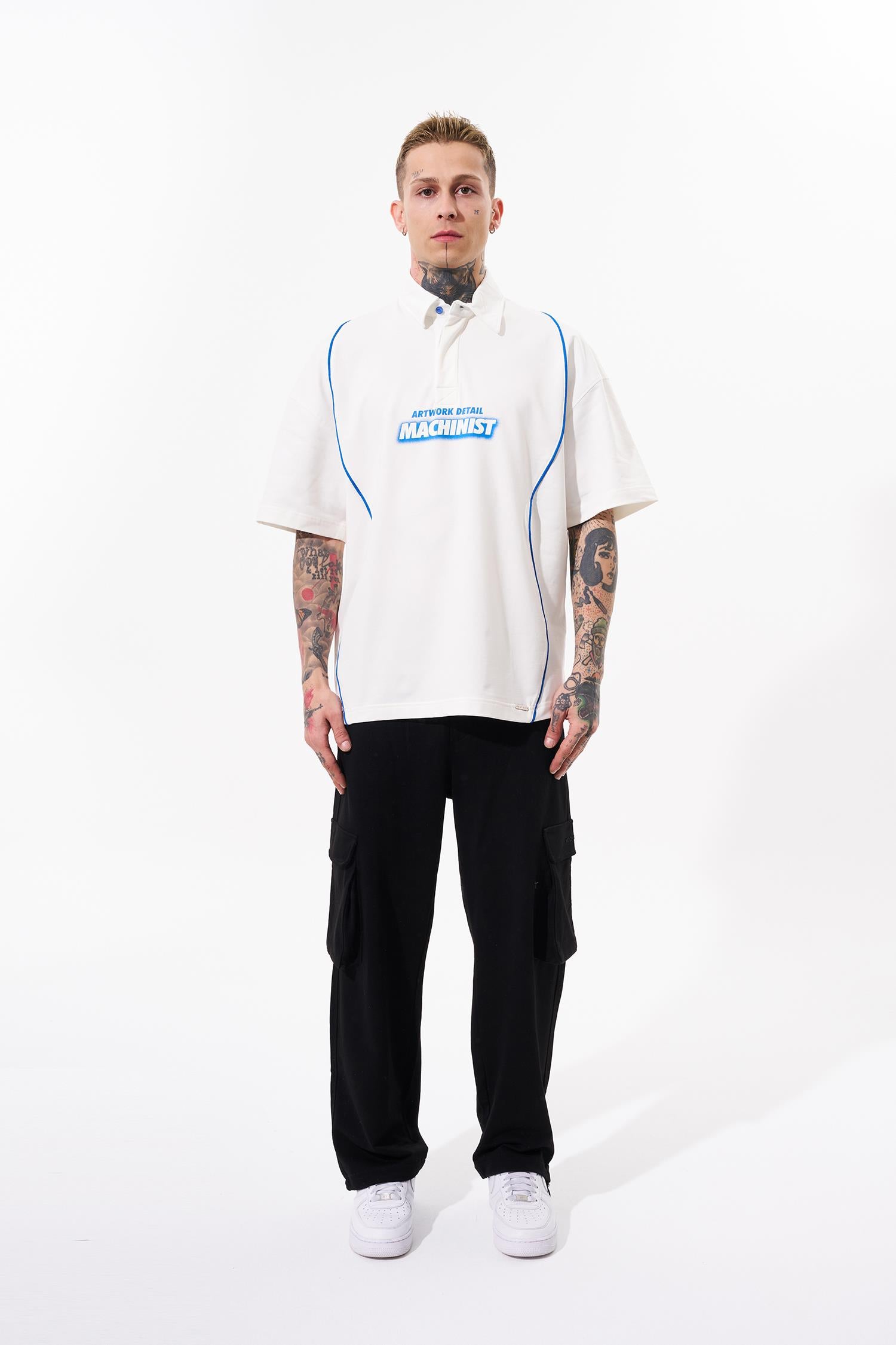 Erkek Contrast Piping Baskılı Oversize Polo Yaka Tişört Ekru