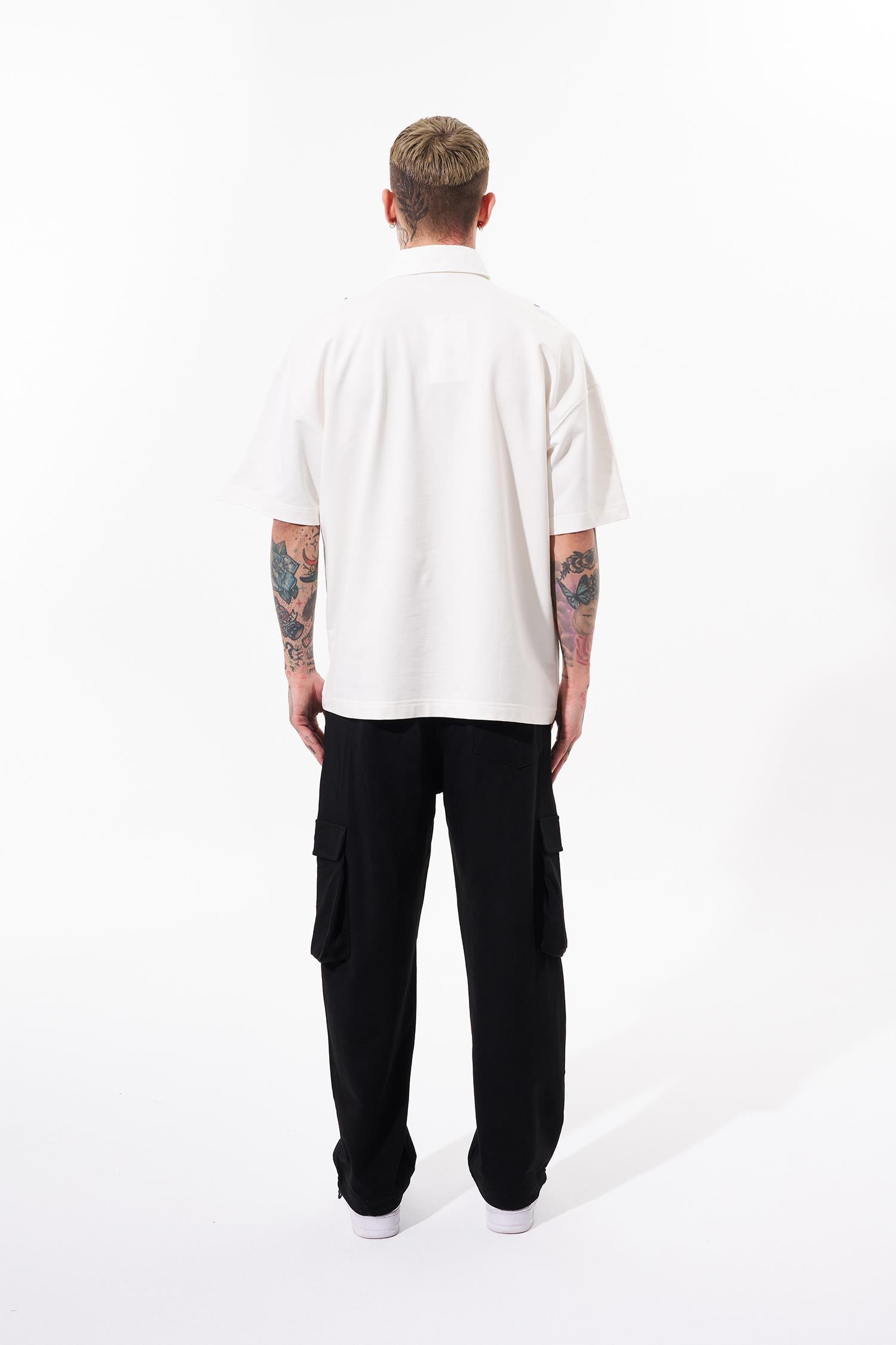 Erkek Contrast Piping Baskılı Oversize Polo Yaka Tişört Ekru