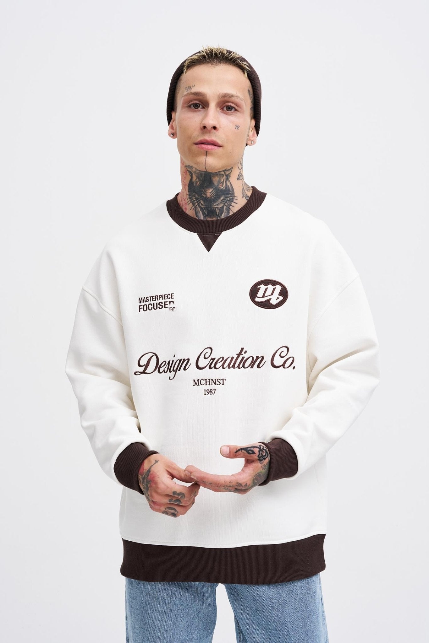 Erkek Contrast Sweatshirt Ekru