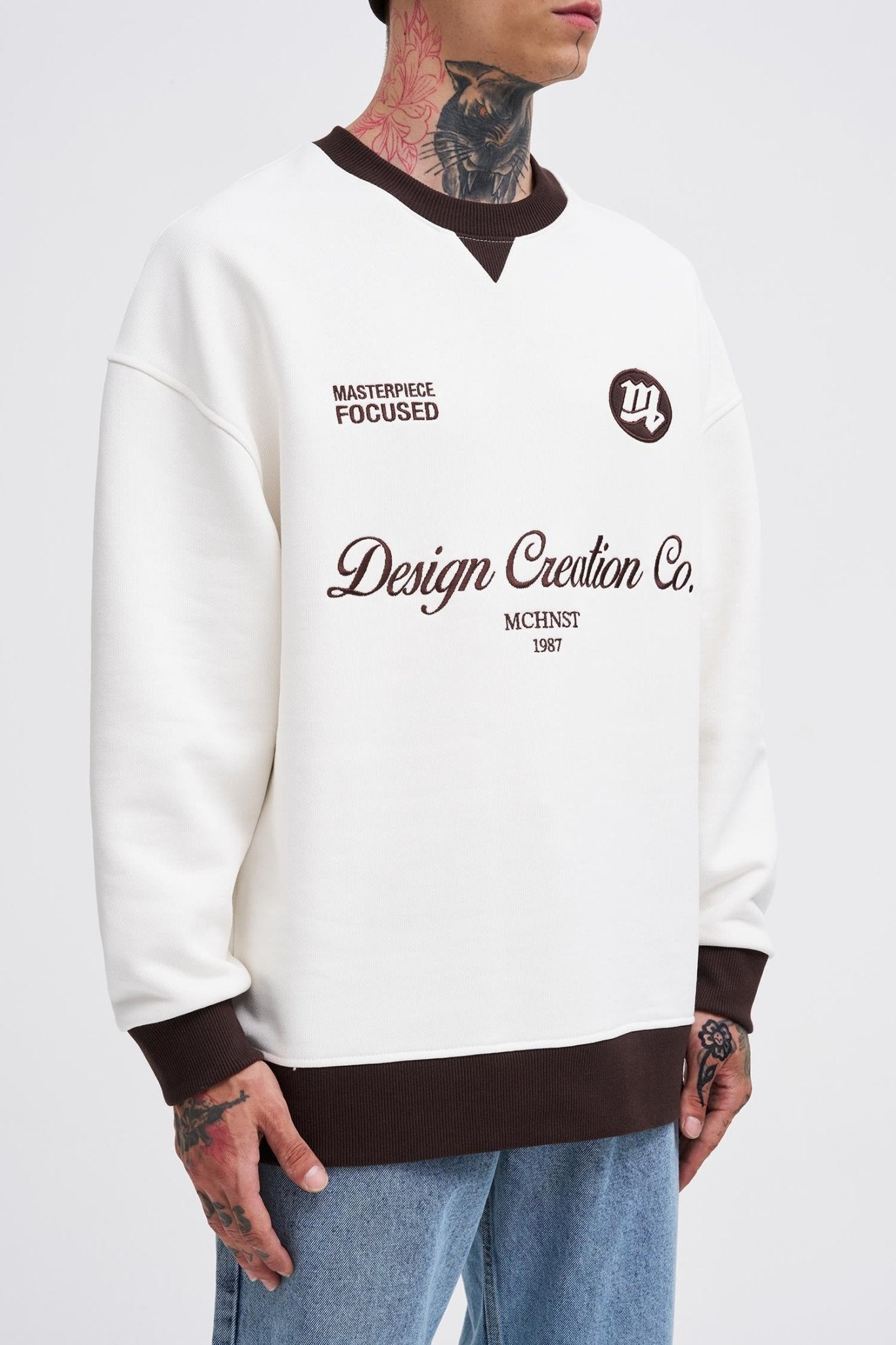 Erkek Contrast Sweatshirt Ekru