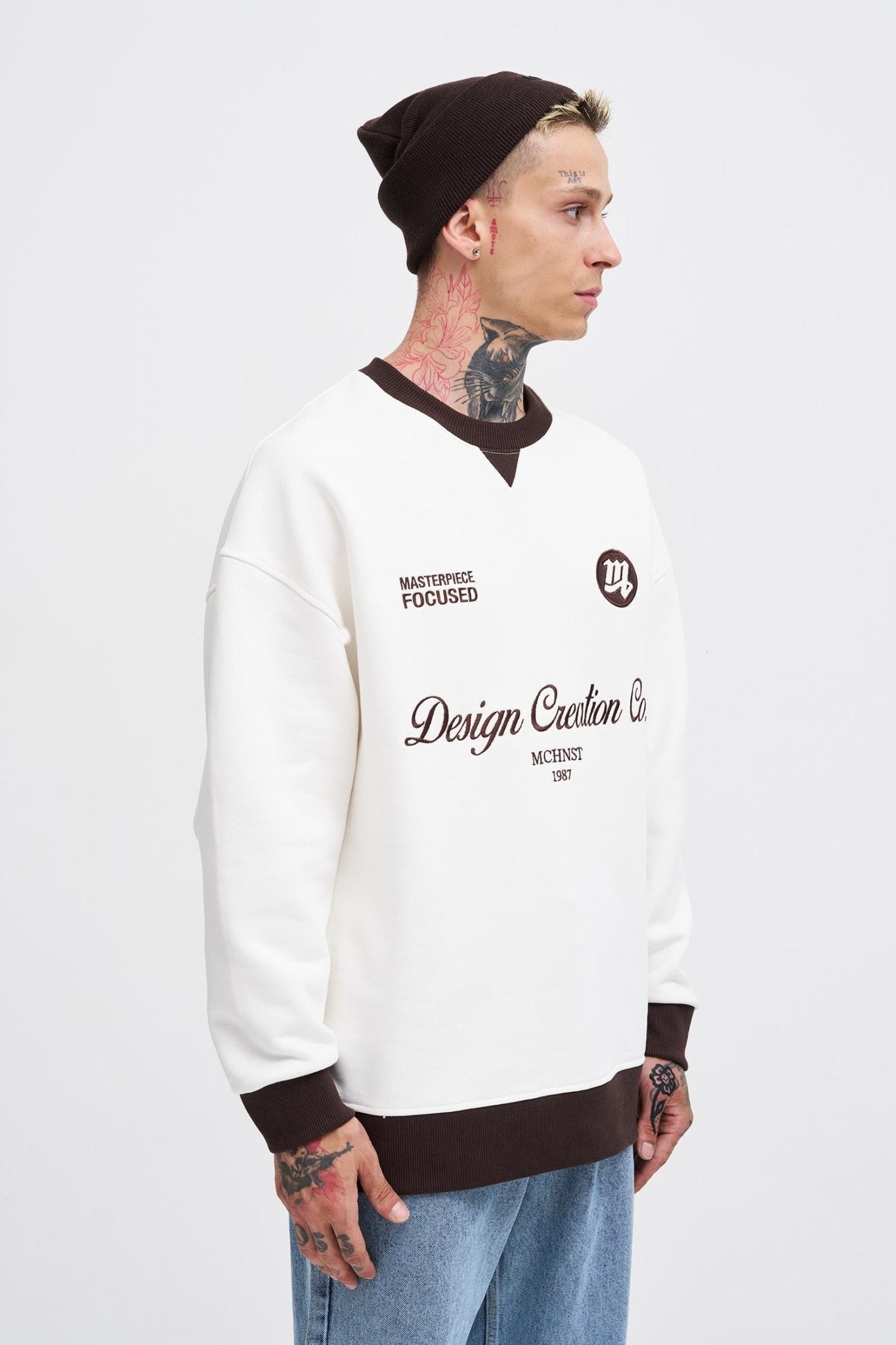 Erkek Contrast Sweatshirt Ekru