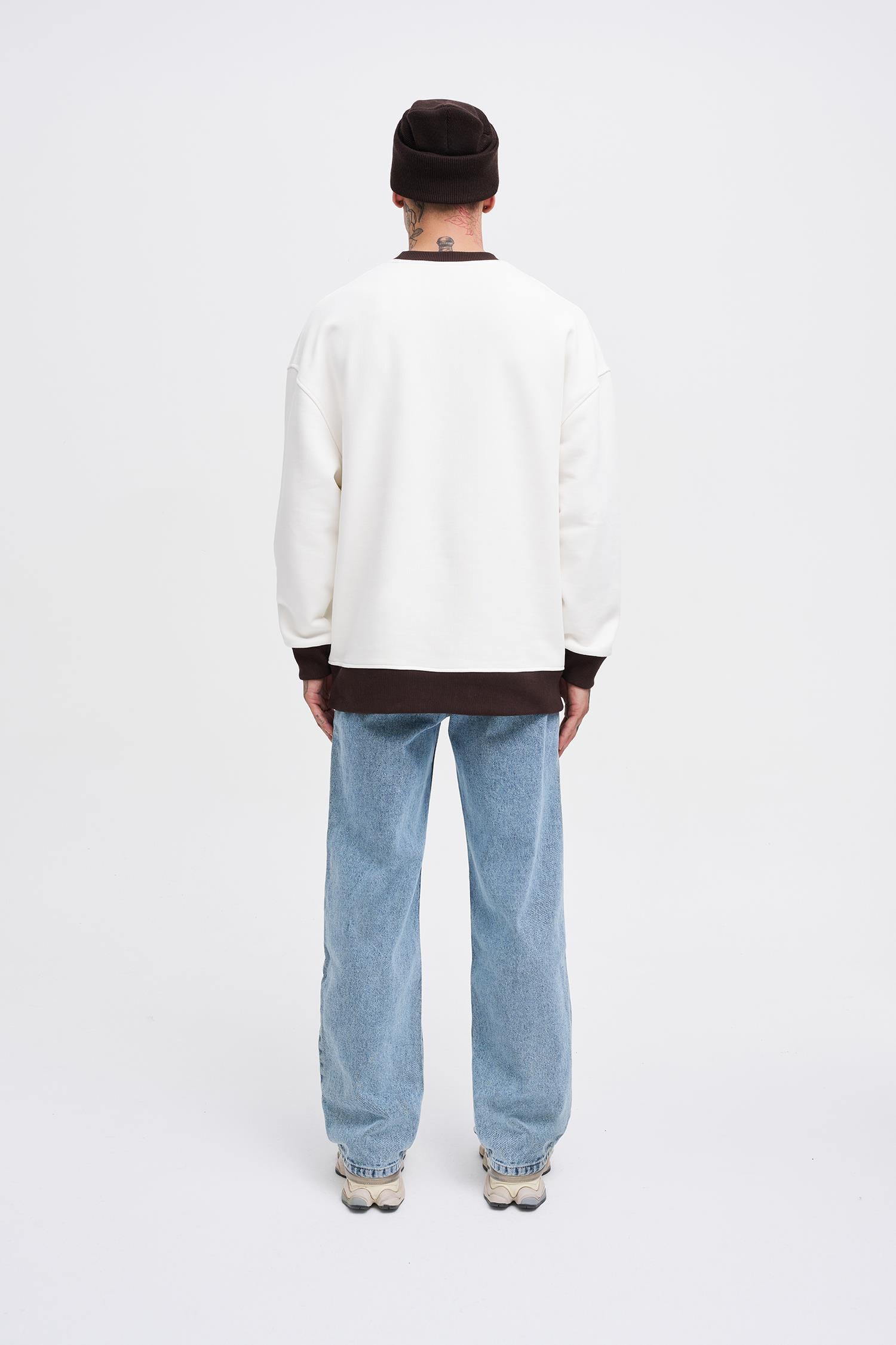 Erkek Contrast Sweatshirt Ekru