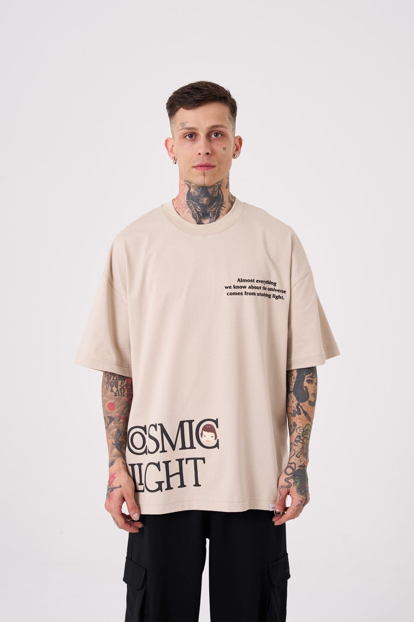 Erkek Cosmic Light Baskılı Oversize Tişört Açık Bej