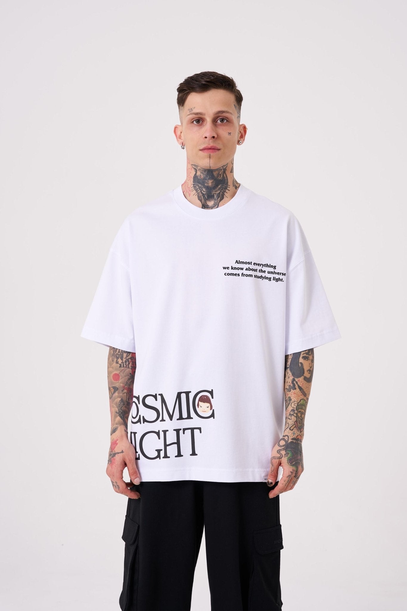Erkek Cosmic Light Baskılı Oversize Tişört Beyaz