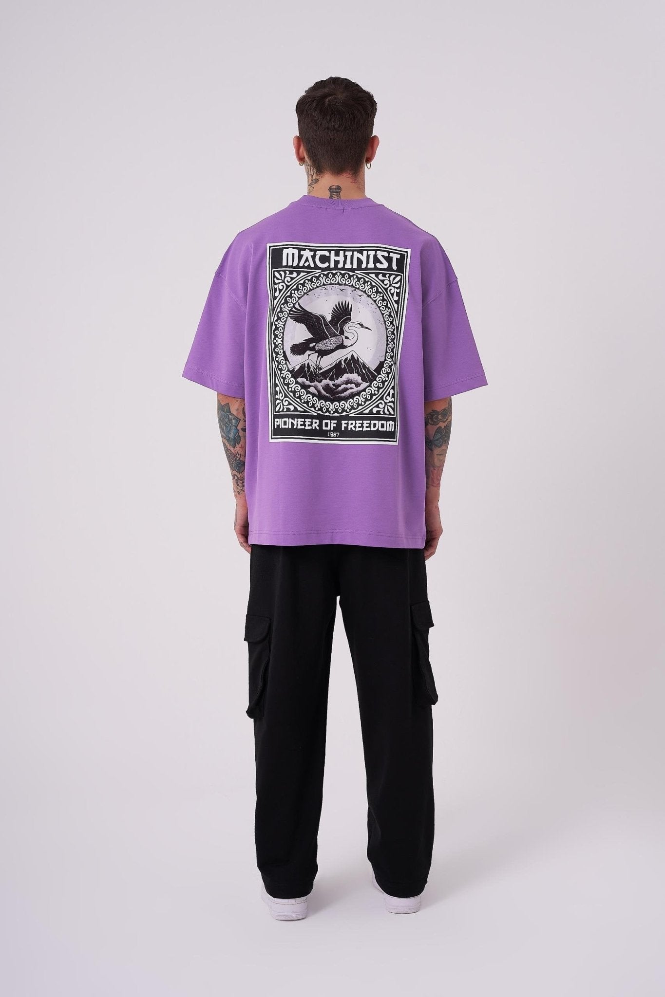 Erkek Crane Patch Baskılı Oversize Tişört Mor