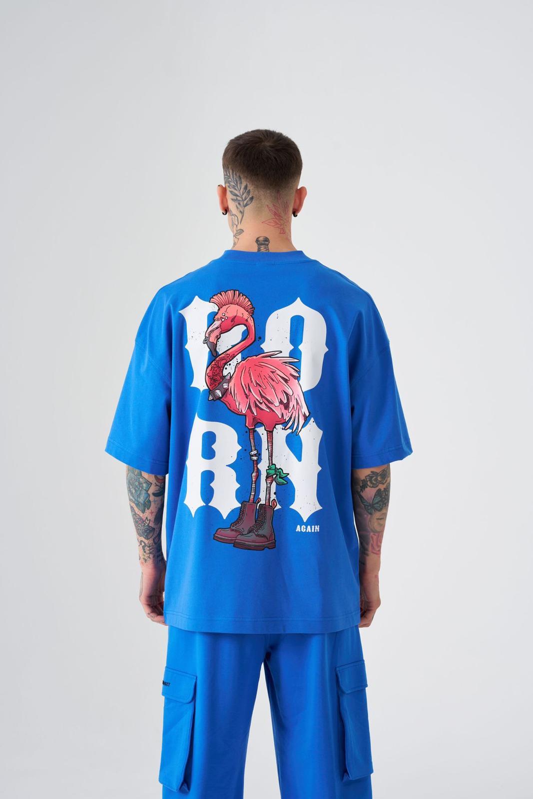 Erkek Crazy Flamingo Baskılı Oversize Tişört Açık Mavi
