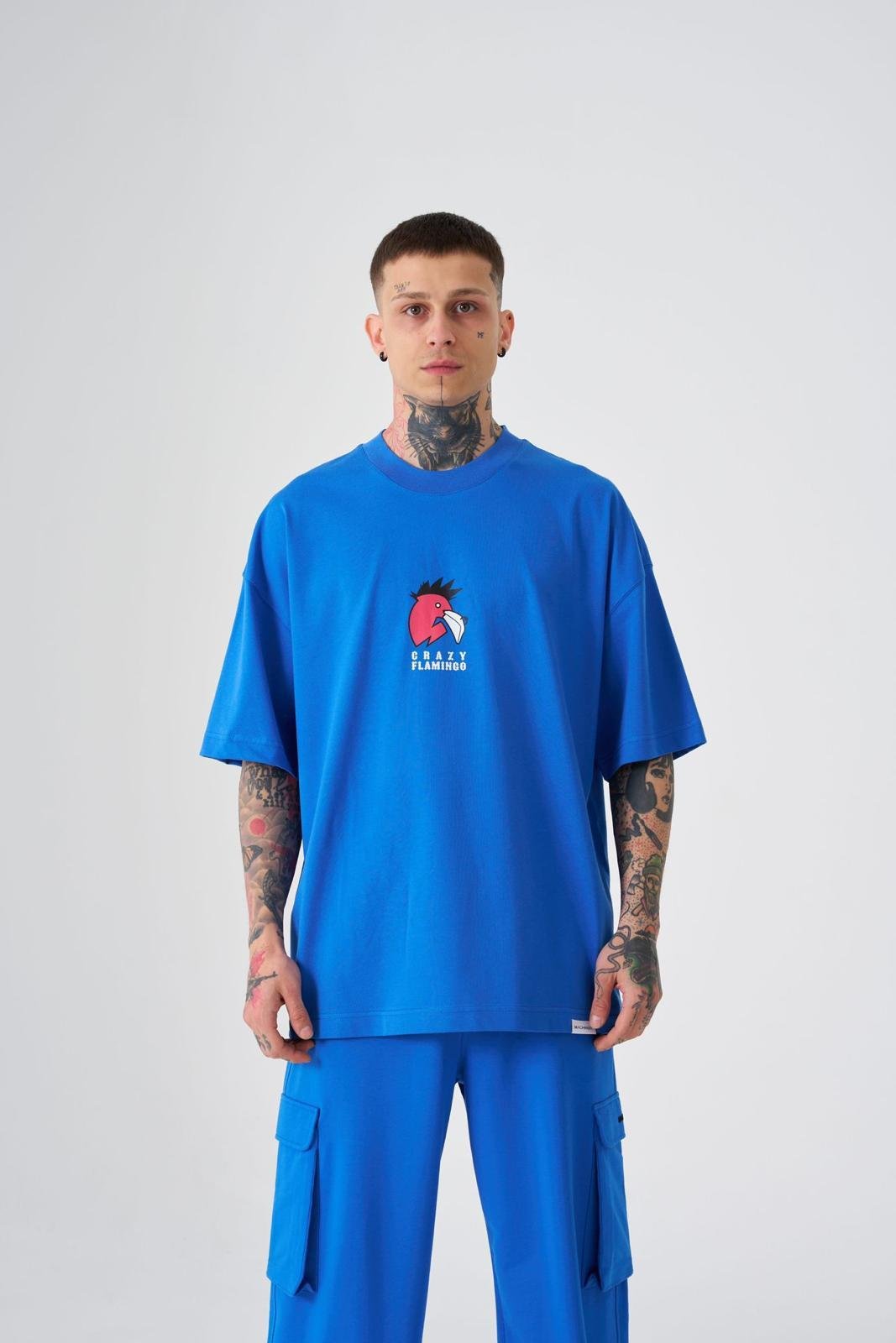 Erkek Crazy Flamingo Baskılı Oversize Tişört Açık Mavi