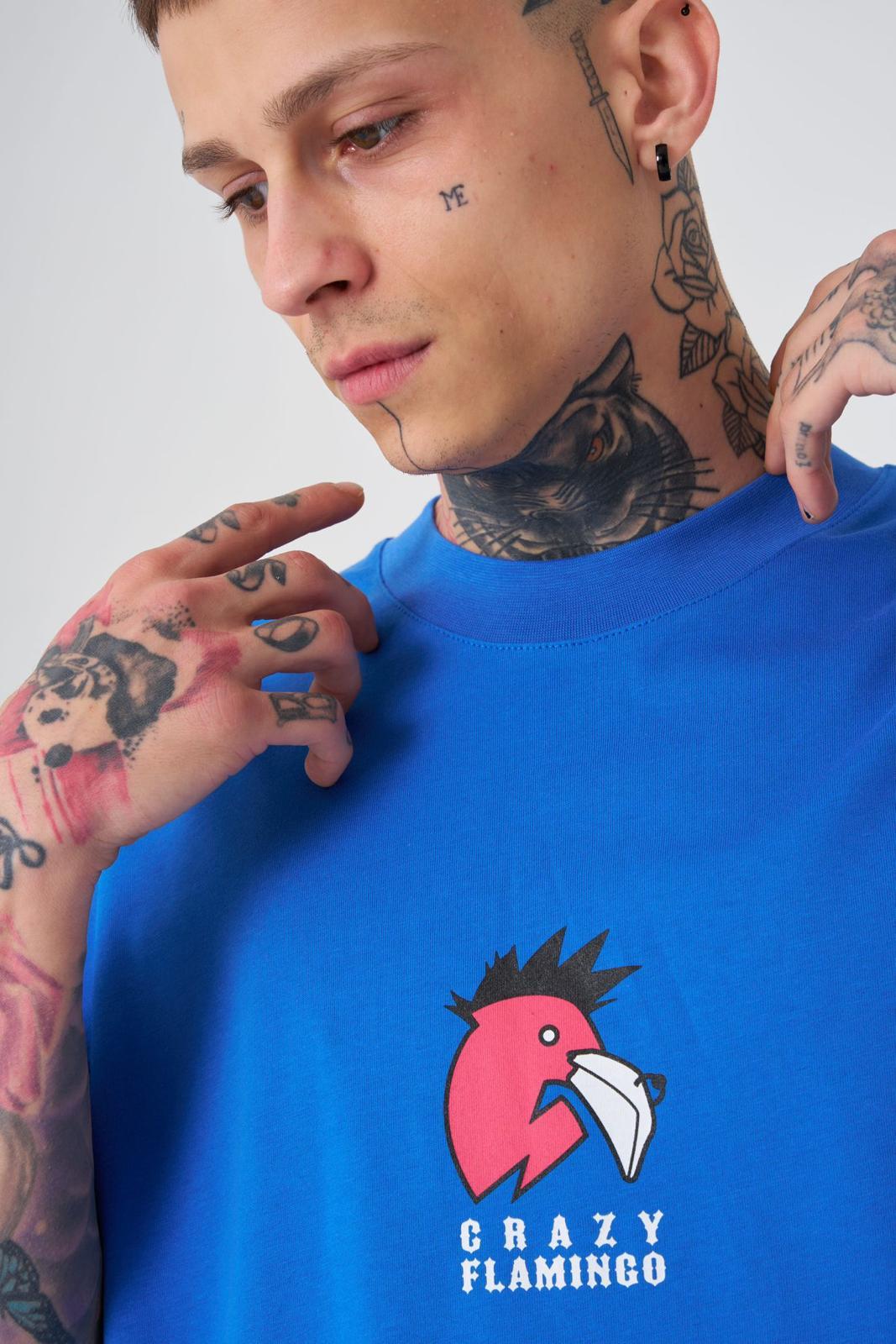 Erkek Crazy Flamingo Baskılı Oversize Tişört Açık Mavi