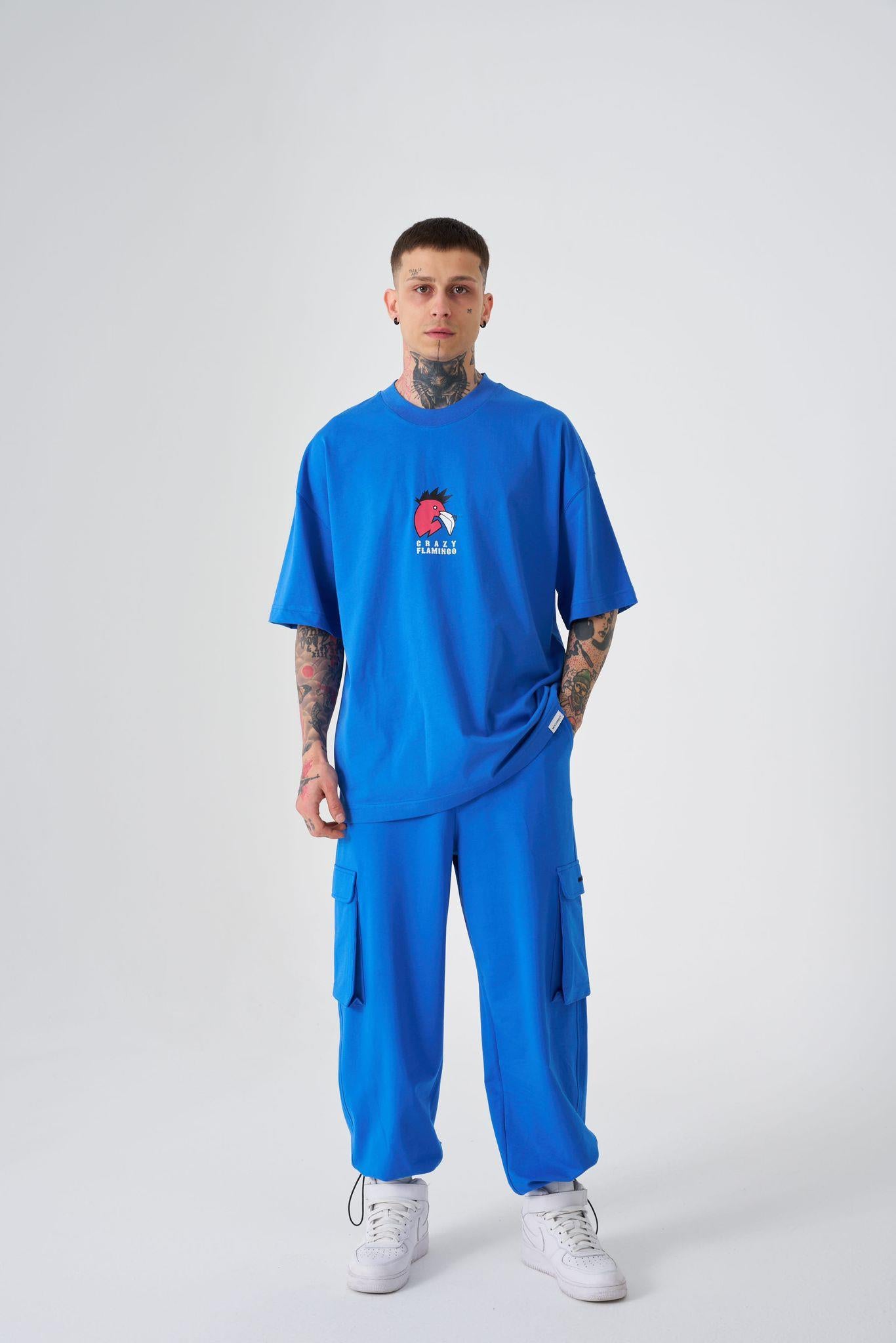 Erkek Crazy Flamingo Baskılı Oversize Tişört Açık Mavi