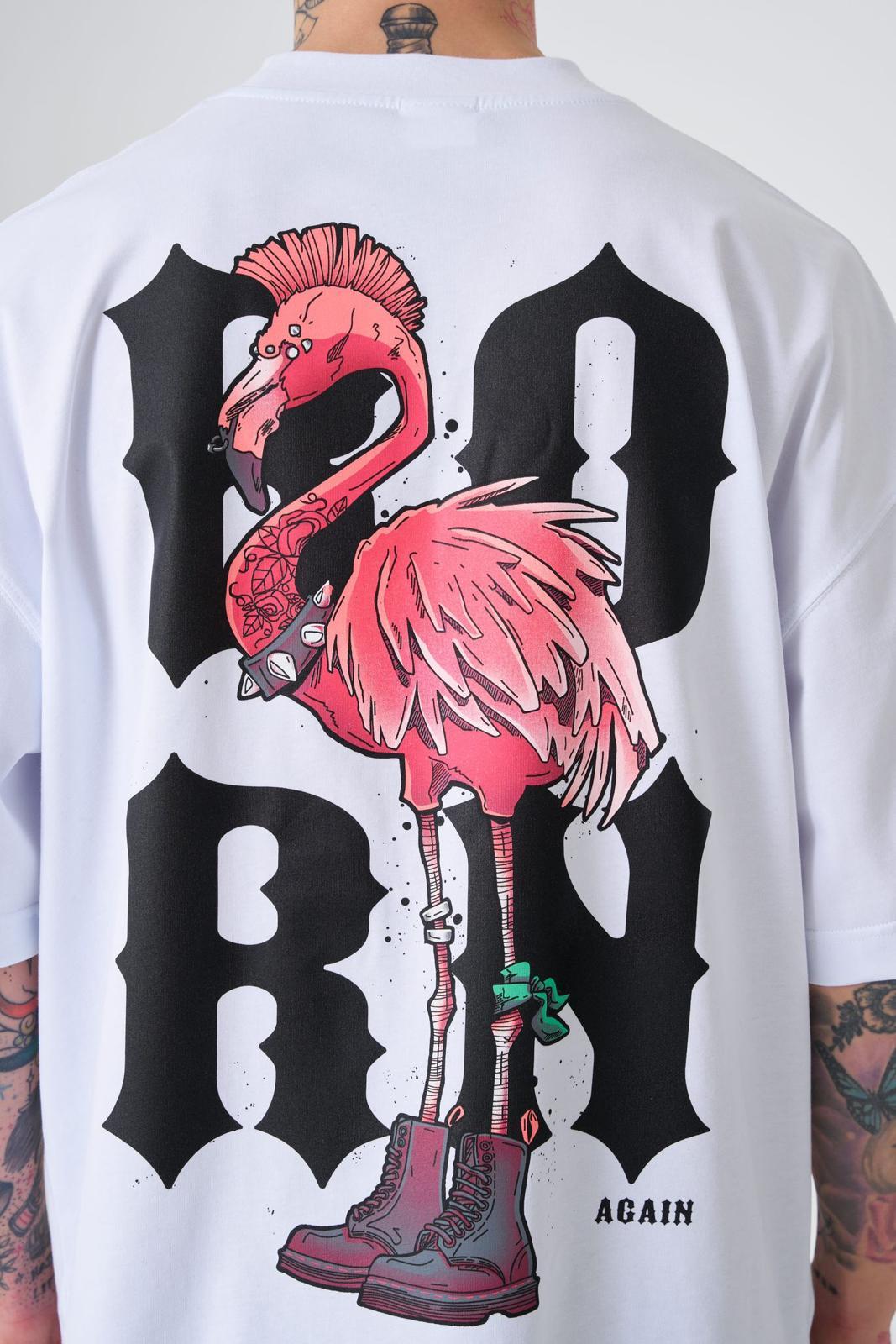 Erkek Crazy Flamingo Baskılı Oversize Tişört Beyaz