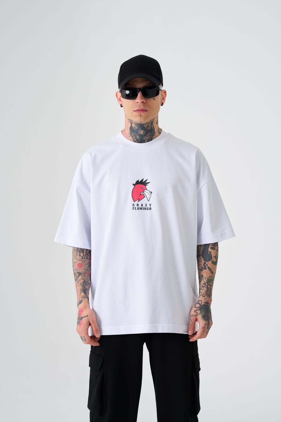 Erkek Crazy Flamingo Baskılı Oversize Tişört Beyaz