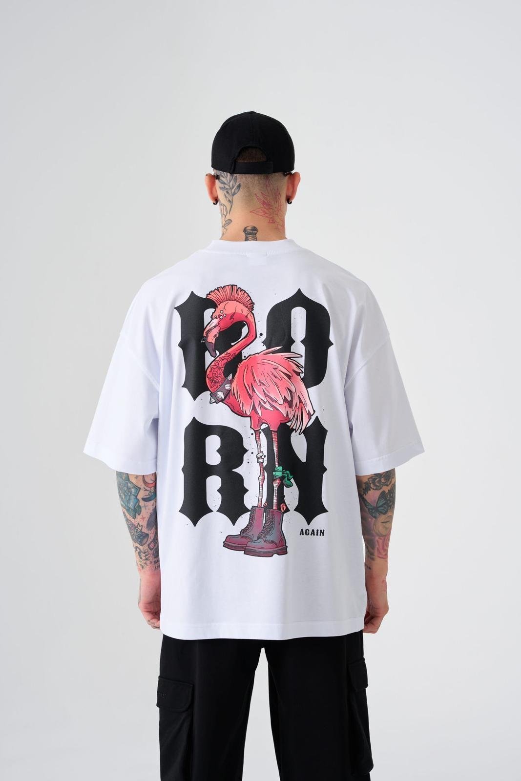 Erkek Crazy Flamingo Baskılı Oversize Tişört Beyaz