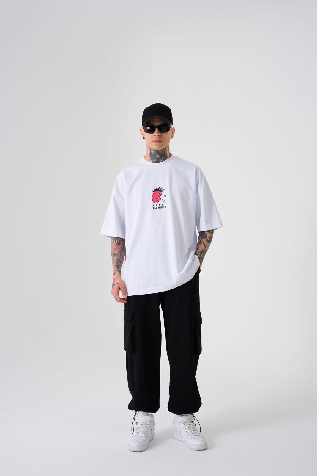 Erkek Crazy Flamingo Baskılı Oversize Tişört Beyaz