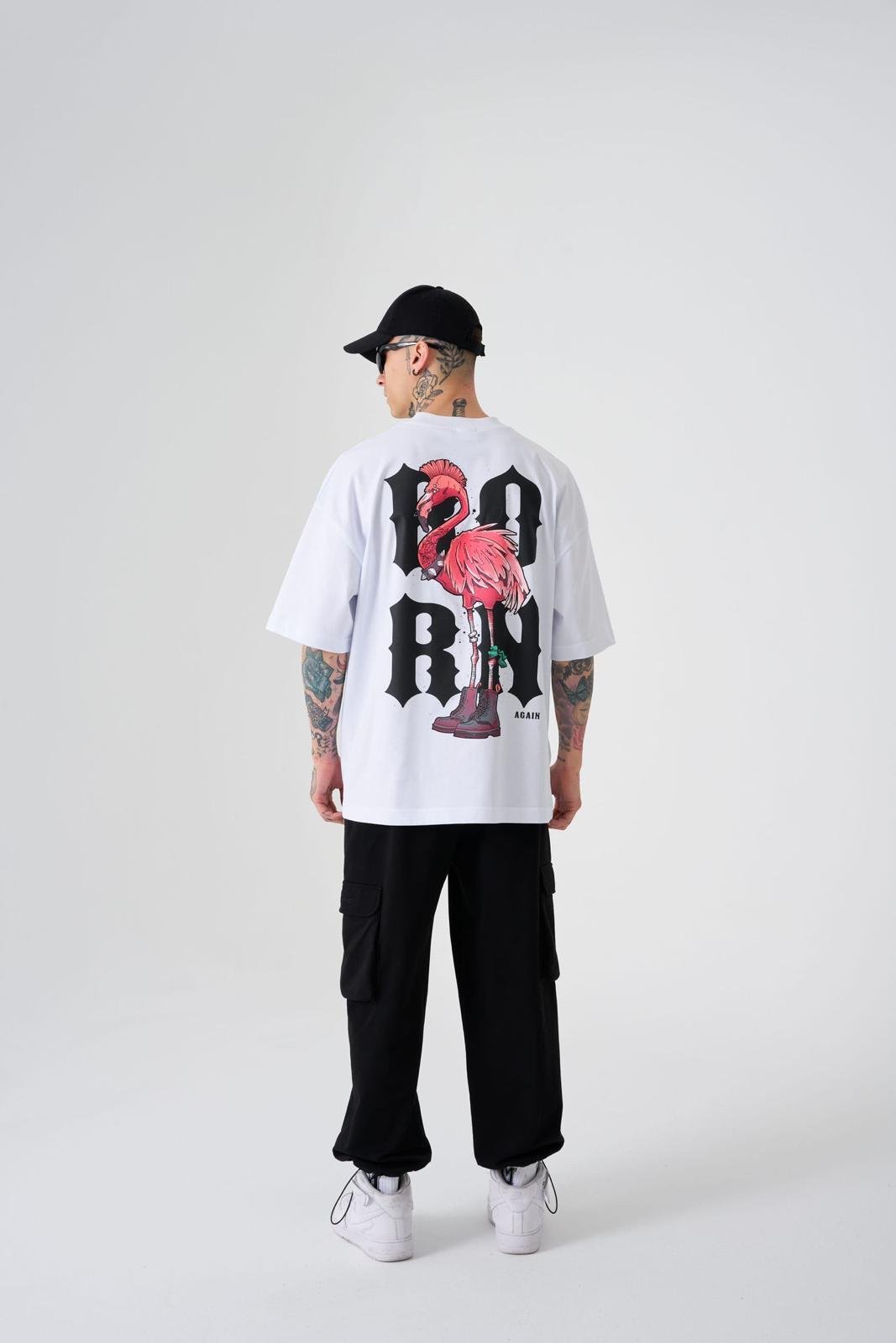 Erkek Crazy Flamingo Baskılı Oversize Tişört Beyaz