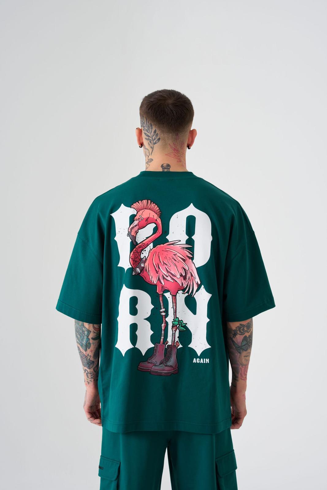 Erkek Crazy Flamingo Baskılı Oversize Tişört Yağ Yeşili