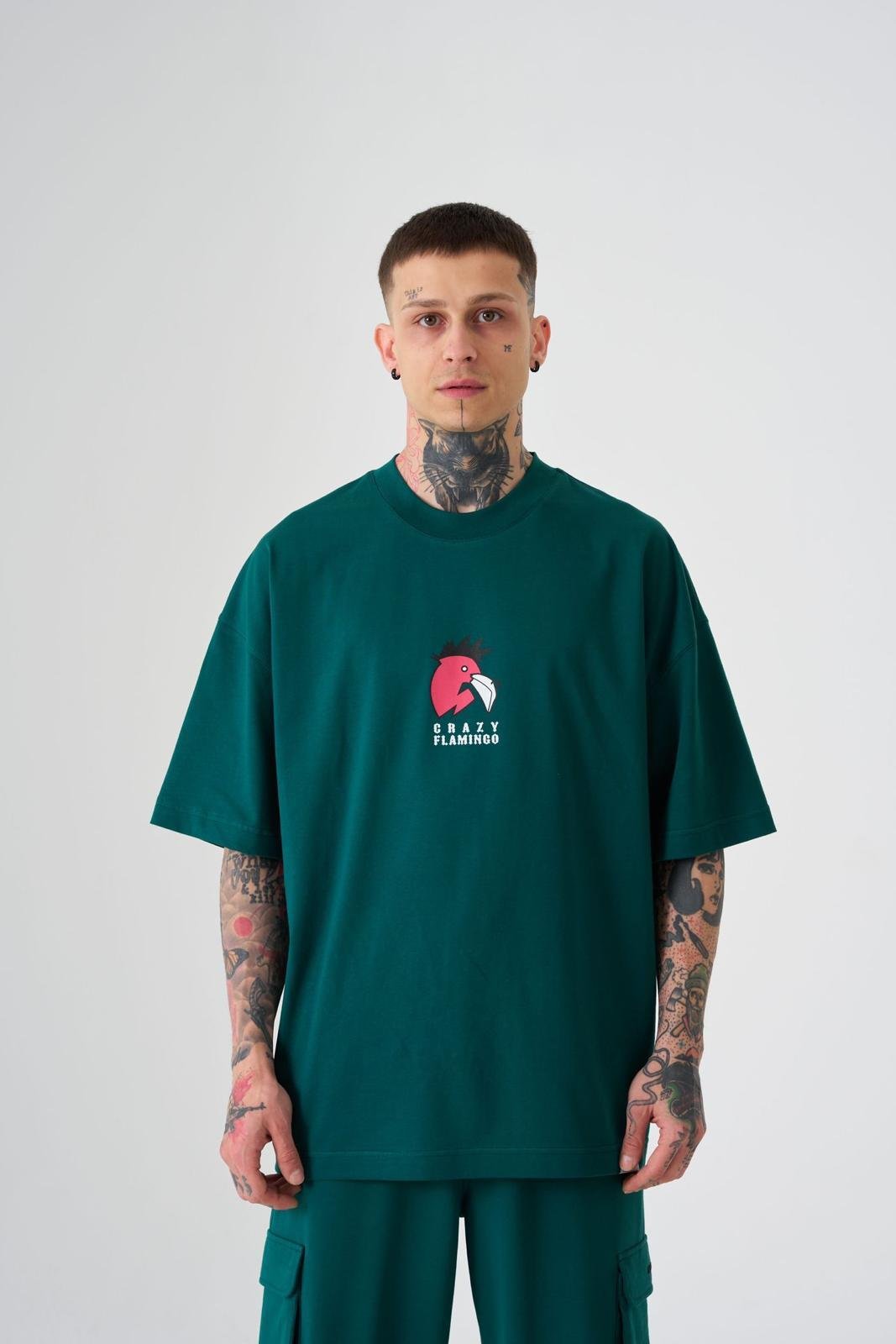 Erkek Crazy Flamingo Baskılı Oversize Tişört Yağ Yeşili