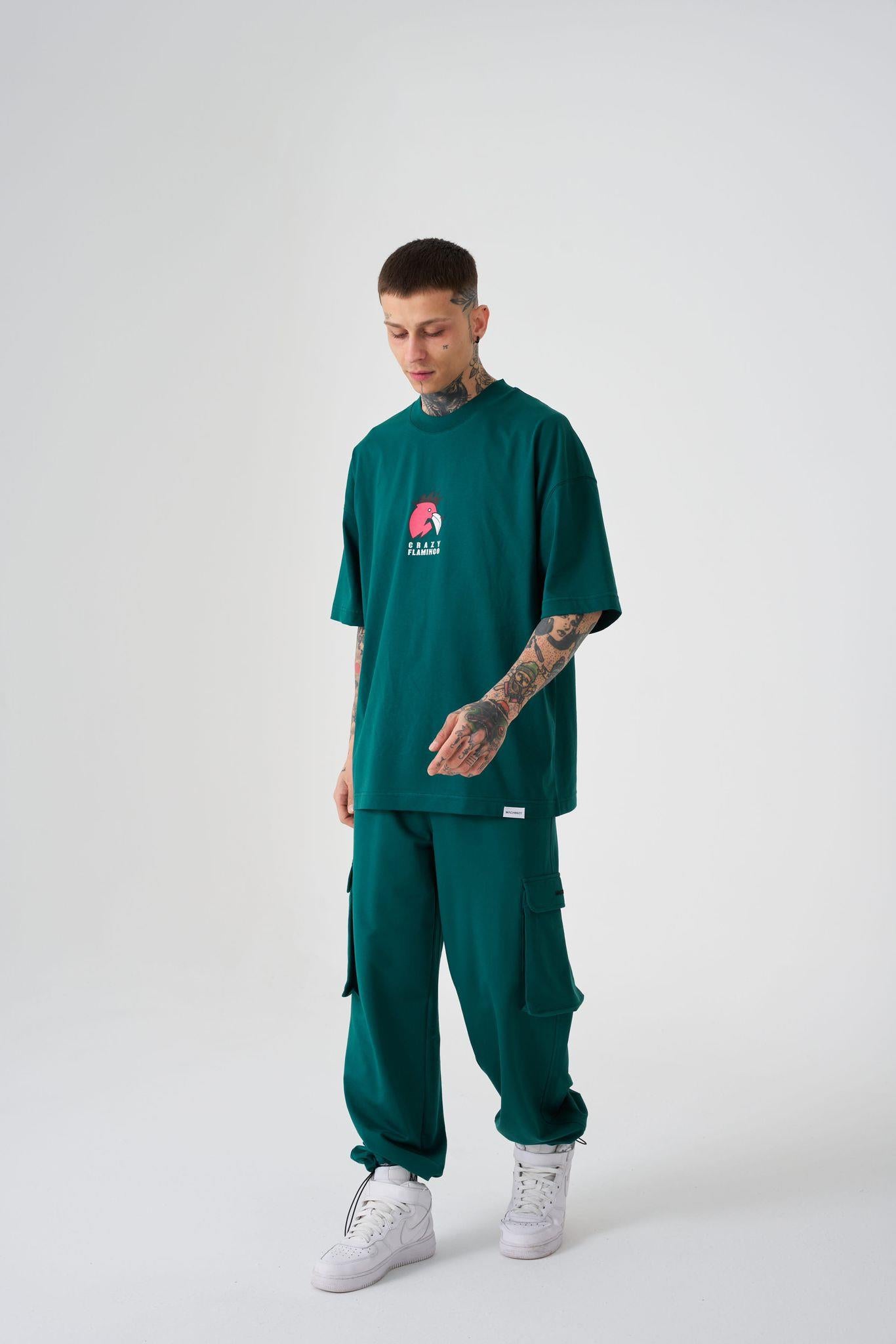 Erkek Crazy Flamingo Baskılı Oversize Tişört Yağ Yeşili