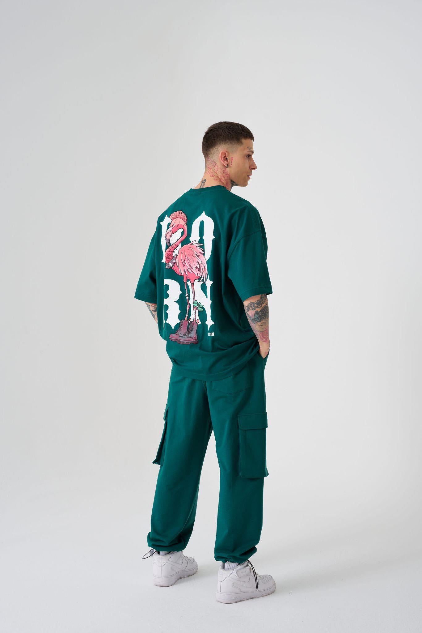 Erkek Crazy Flamingo Baskılı Oversize Tişört Yağ Yeşili
