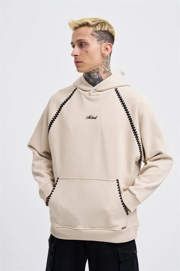 Erkek Crochet Embroidered Kapüşonlu Sweatshirt Açık Bej