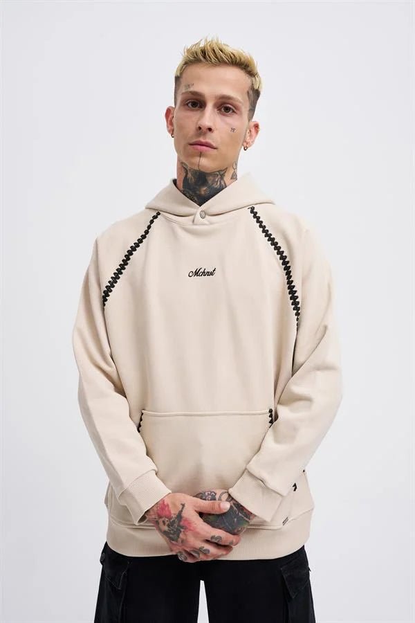 Erkek Crochet Embroidered Kapüşonlu Sweatshirt Açık Bej