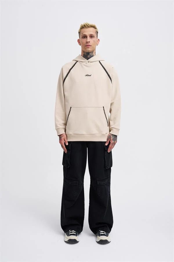 Erkek Crochet Embroidered Kapüşonlu Sweatshirt Açık Bej