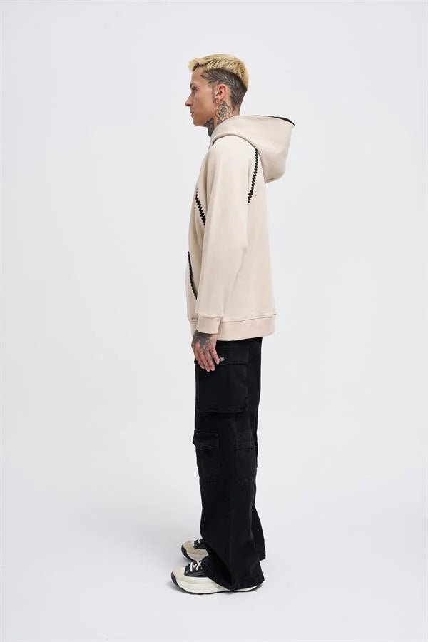 Erkek Crochet Embroidered Kapüşonlu Sweatshirt Açık Bej
