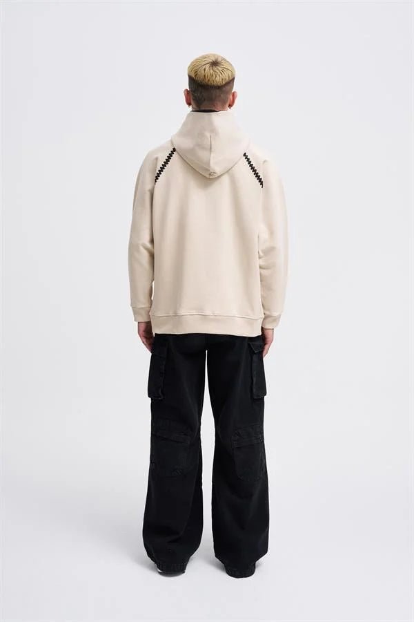 Erkek Crochet Embroidered Kapüşonlu Sweatshirt Açık Bej