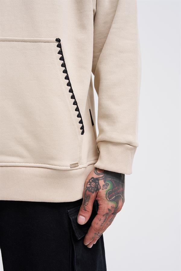 Erkek Crochet Embroidered Kapüşonlu Sweatshirt Açık Bej