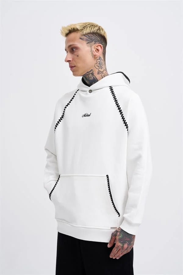 Erkek Crochet Embroidered Kapüşonlu Sweatshirt Ekru