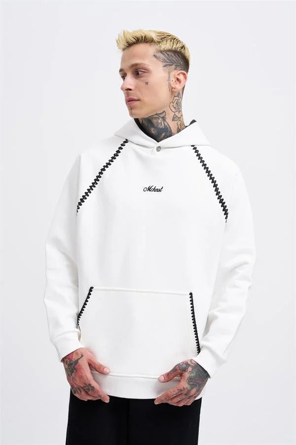 Erkek Crochet Embroidered Kapüşonlu Sweatshirt Ekru