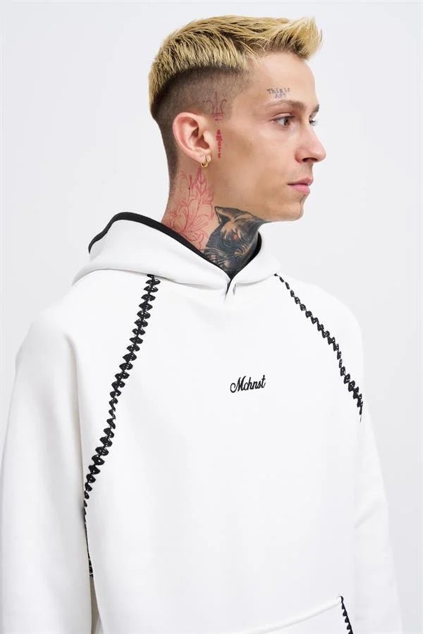 Erkek Crochet Embroidered Kapüşonlu Sweatshirt Ekru