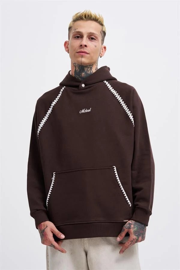 Erkek Crochet Embroidered Kapüşonlu Sweatshirt Kahverengi