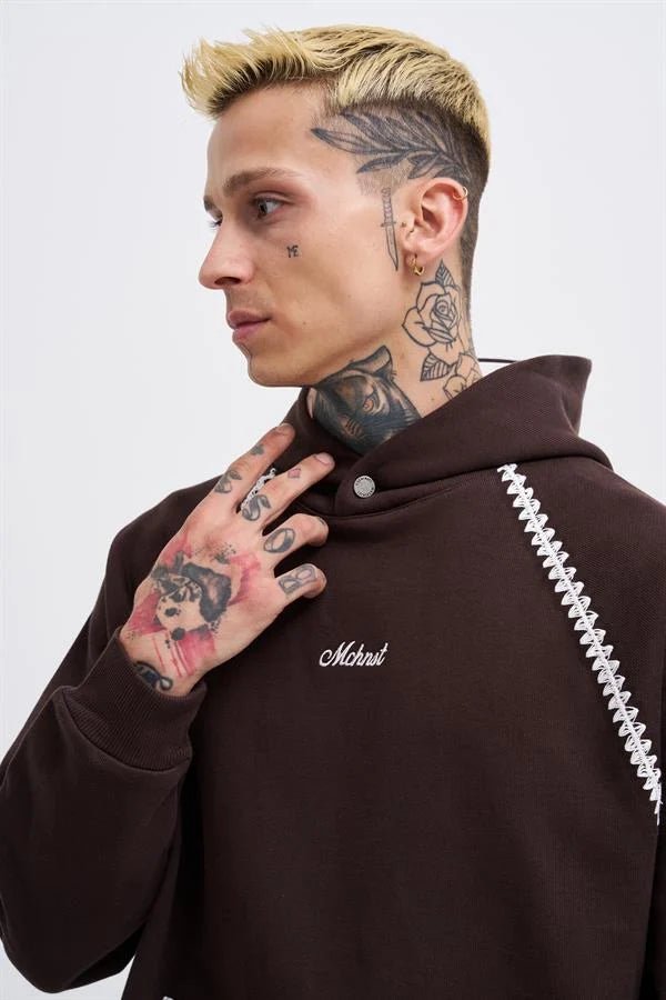 Erkek Crochet Embroidered Kapüşonlu Sweatshirt Kahverengi