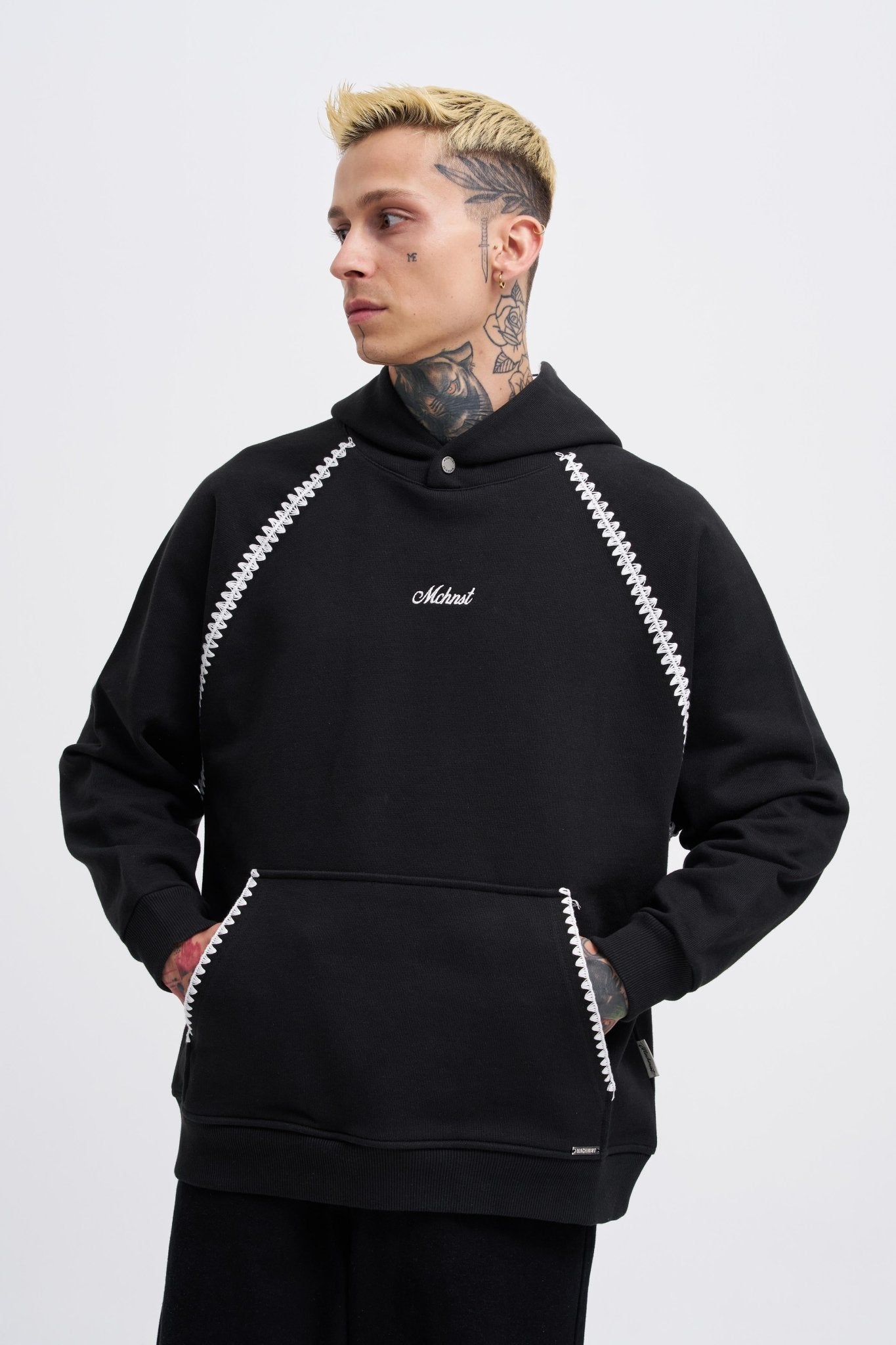 Erkek Crochet Embroidered Kapüşonlu Sweatshirt Siyah