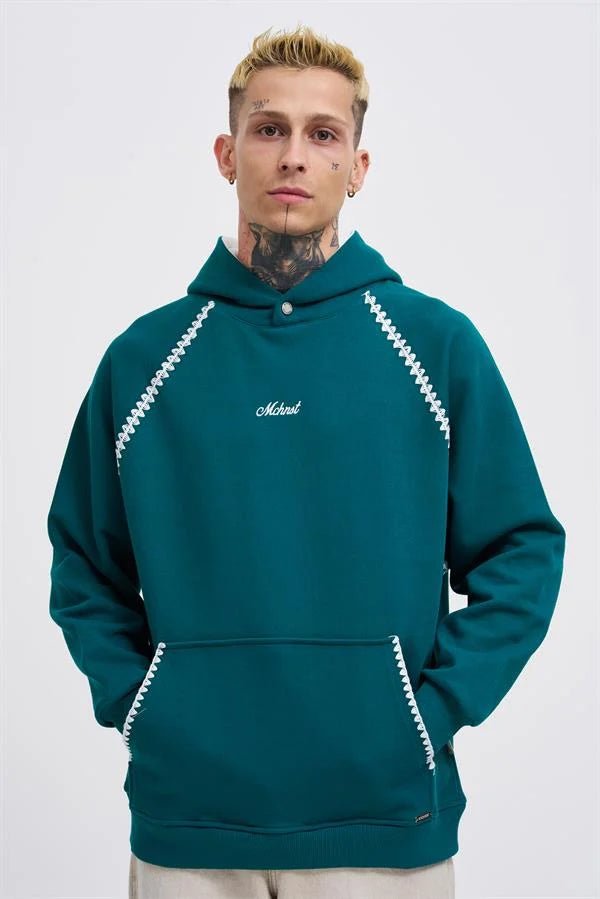 Erkek Crochet Embroidered Kapüşonlu Sweatshirt Yağ Yeşili
