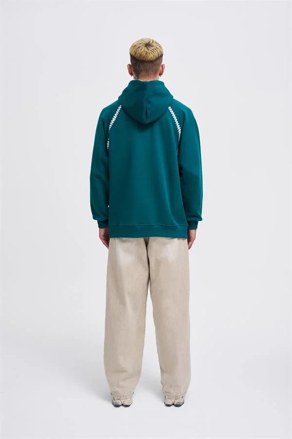 Erkek Crochet Embroidered Kapüşonlu Sweatshirt Yağ Yeşili