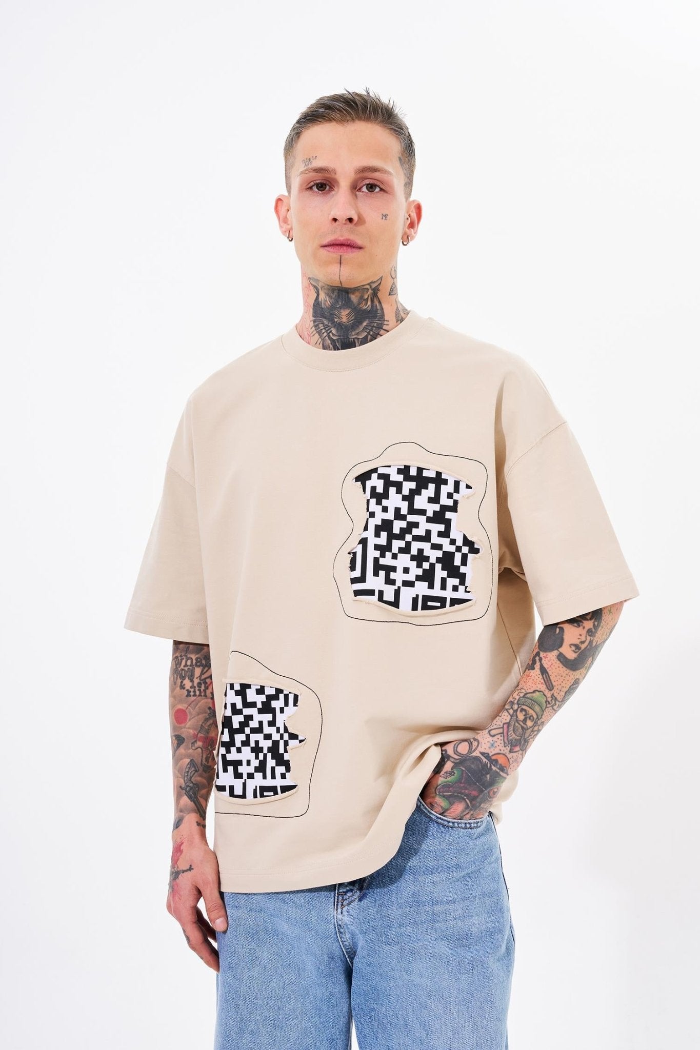 Erkek Dama Patch Oversize Tişört Açık Bej