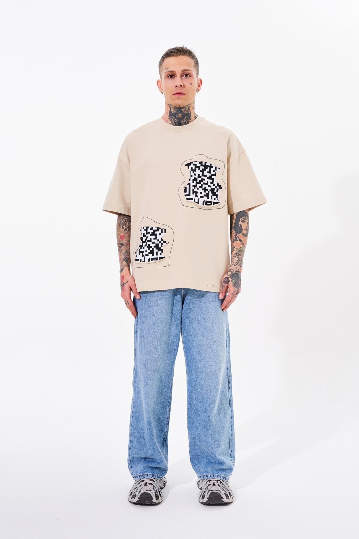 Erkek Dama Patch Oversize Tişört Açık Bej