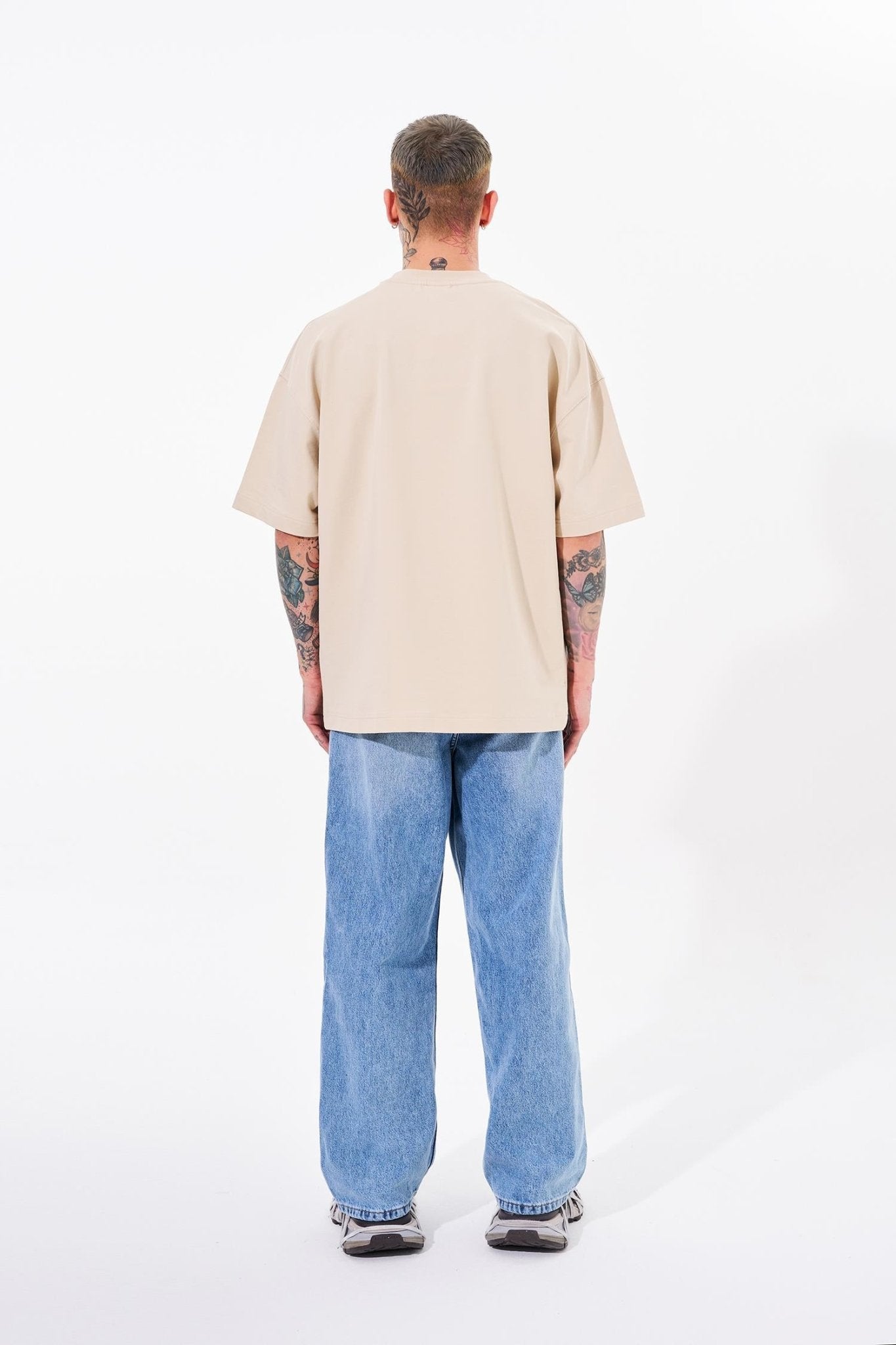 Erkek Dama Patch Oversize Tişört Açık Bej