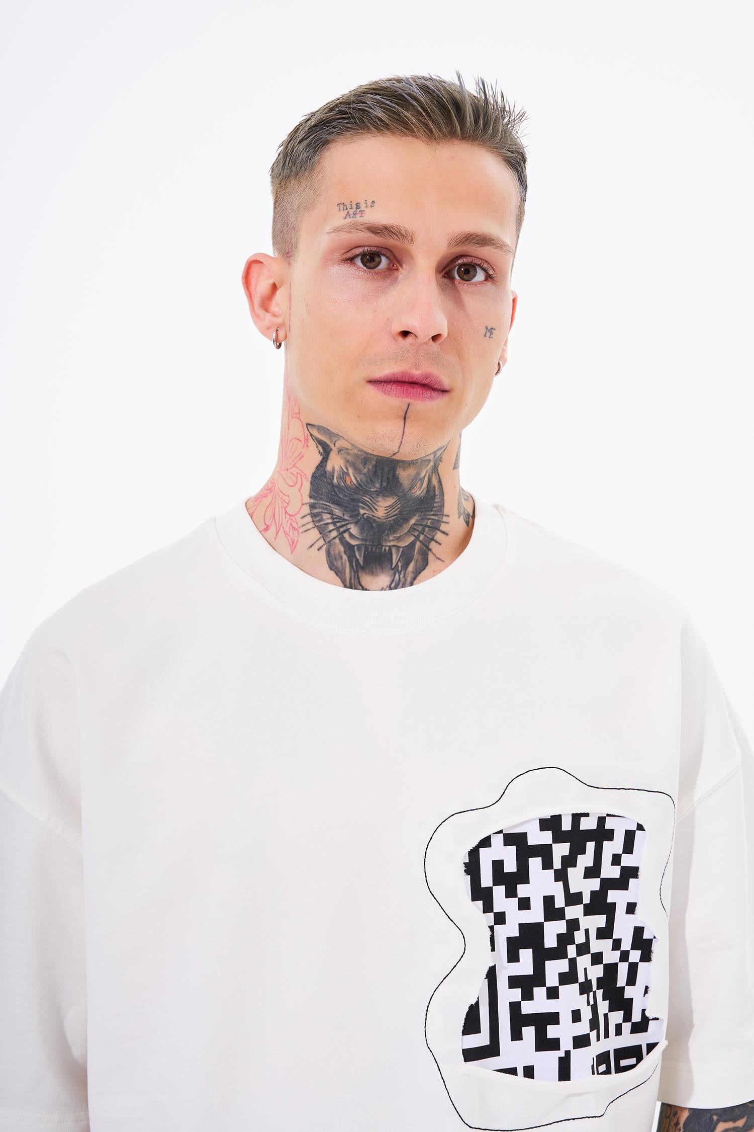 Erkek Dama Patch Oversize Tişört Ekru