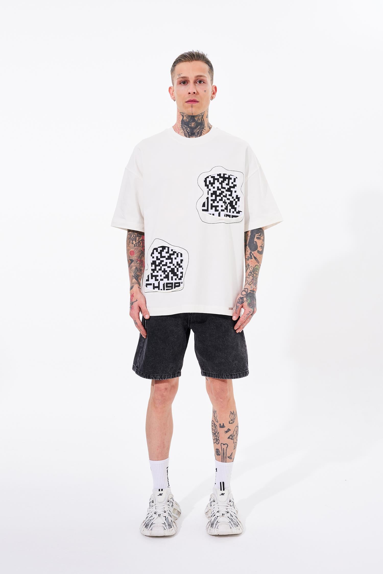 Erkek Dama Patch Oversize Tişört Ekru