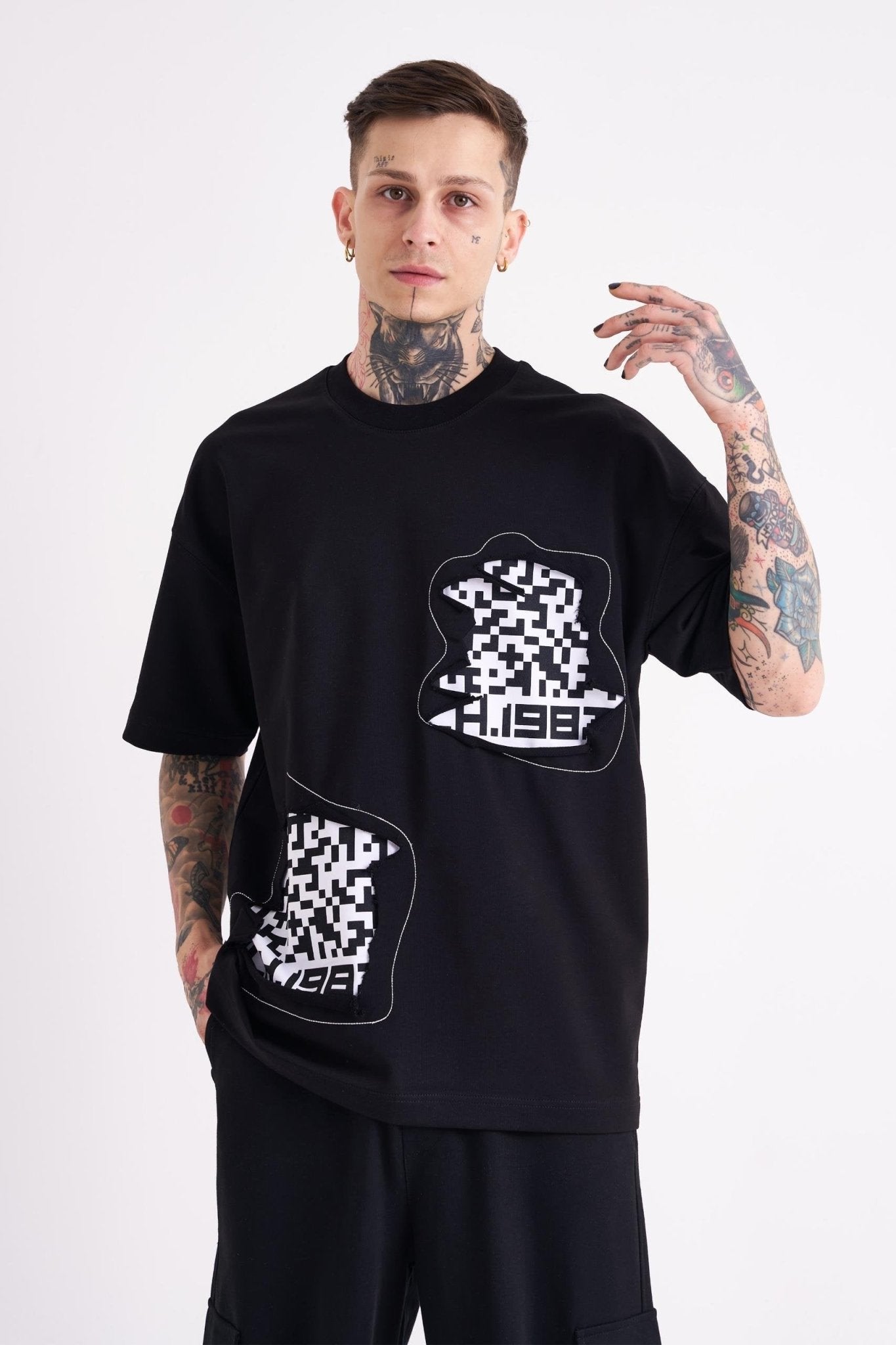 Erkek Dama Patch Oversize Tişört Siyah
