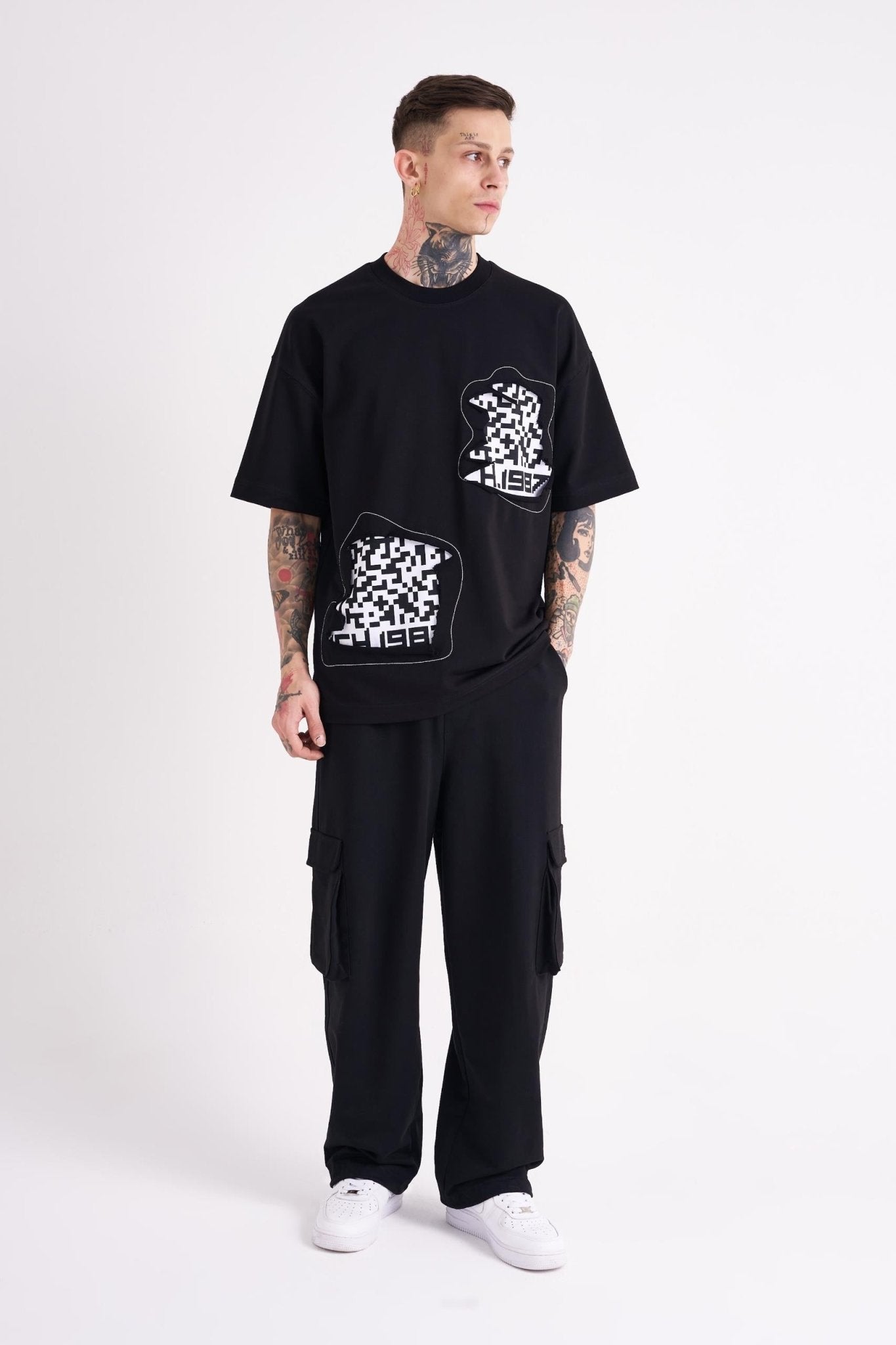 Erkek Dama Patch Oversize Tişört Siyah