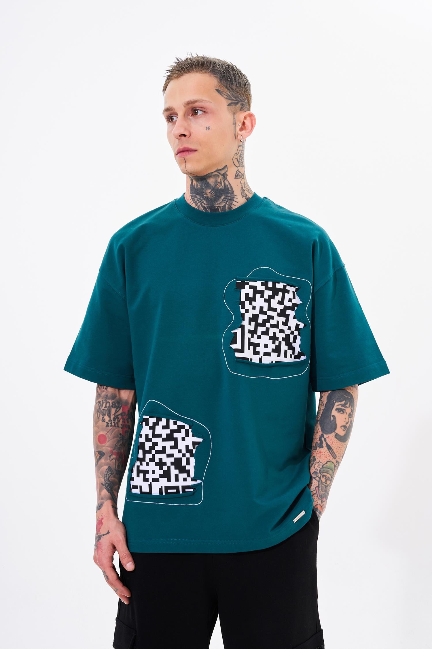 Erkek Dama Patch Oversize Tişört Yağ Yeşili