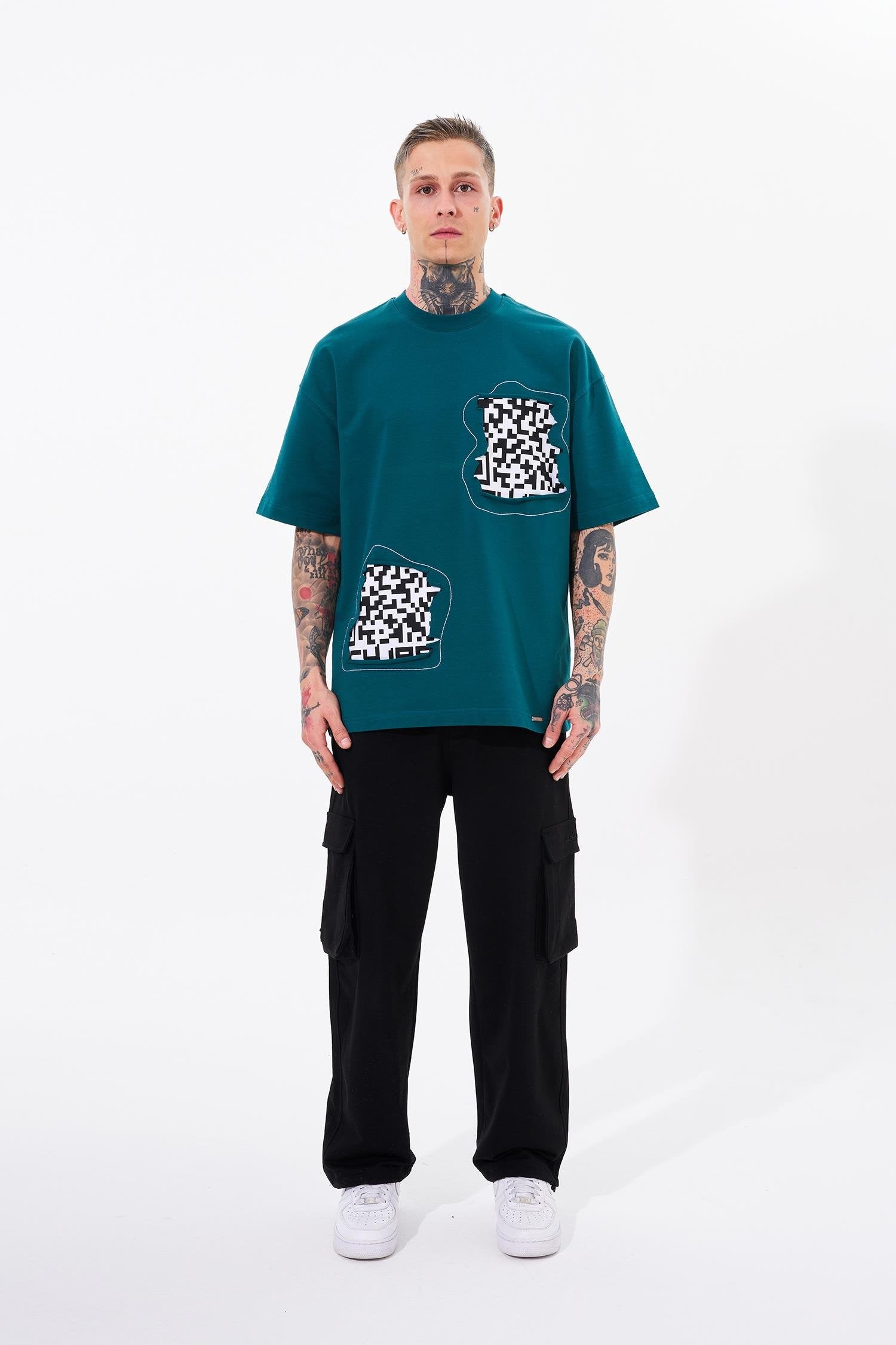 Erkek Dama Patch Oversize Tişört Yağ Yeşili