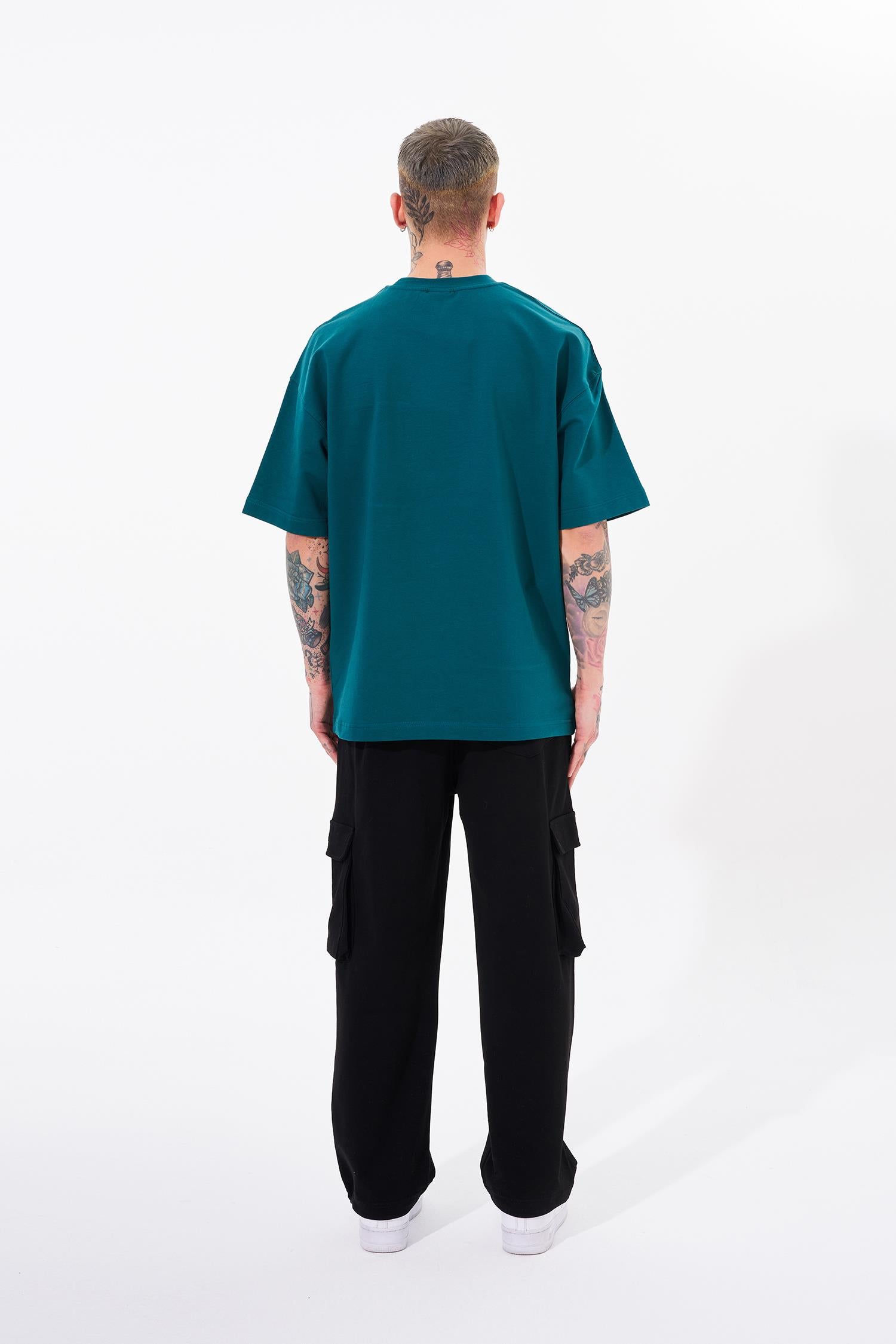 Erkek Dama Patch Oversize Tişört Yağ Yeşili