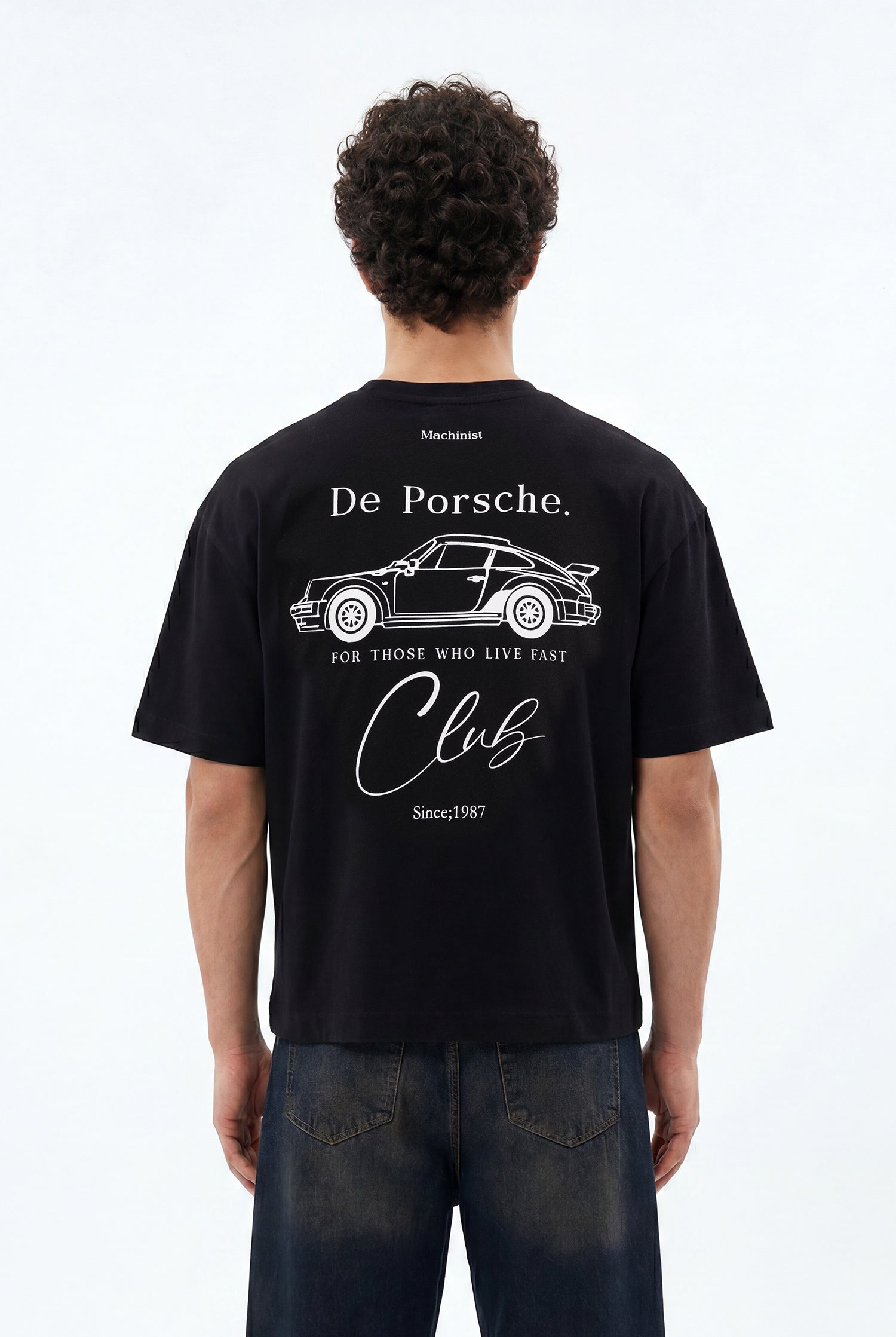 Erkek De Porsche Baskılı Oversize Tişört Siyah