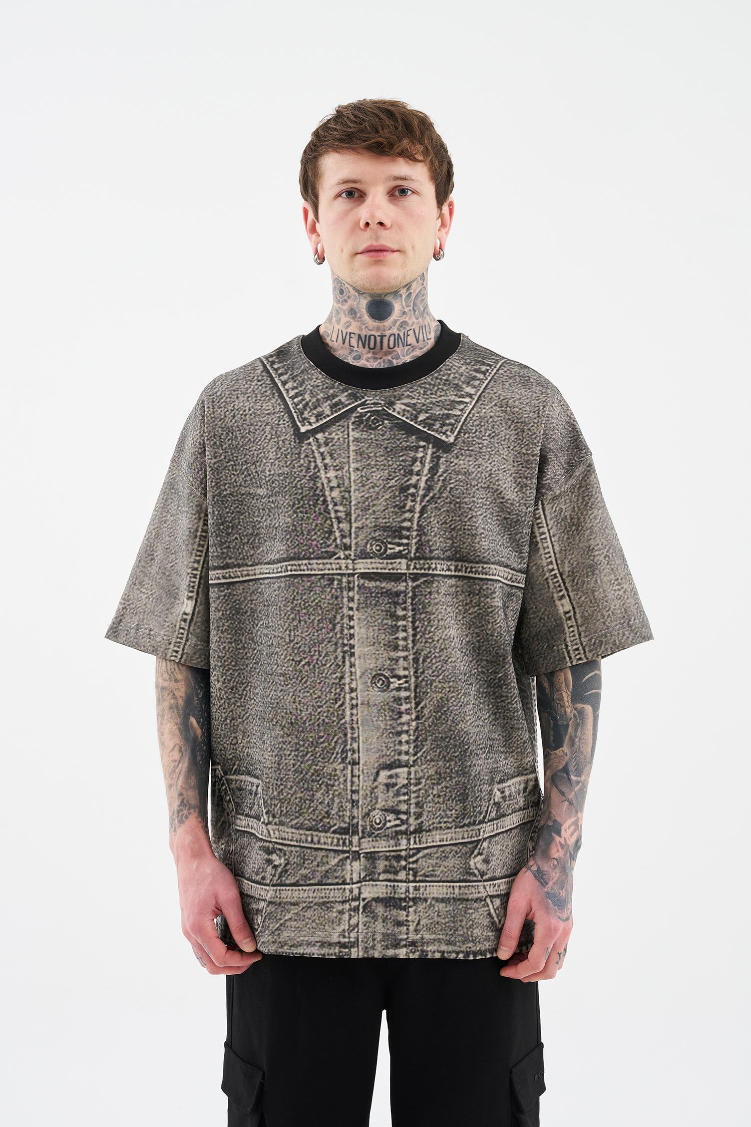 Erkek Denim Efect Oversi̇ze Ti̇şört Kahverengi
