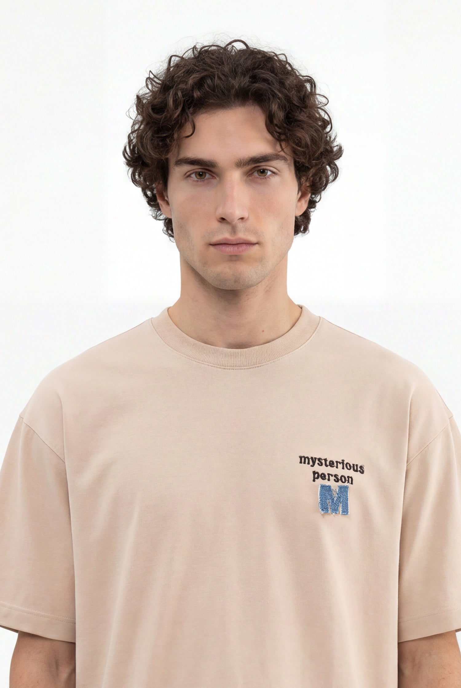 Erkek Denim Patch Nakışlı Baskılı Oversize Tişört Açık Bej-6